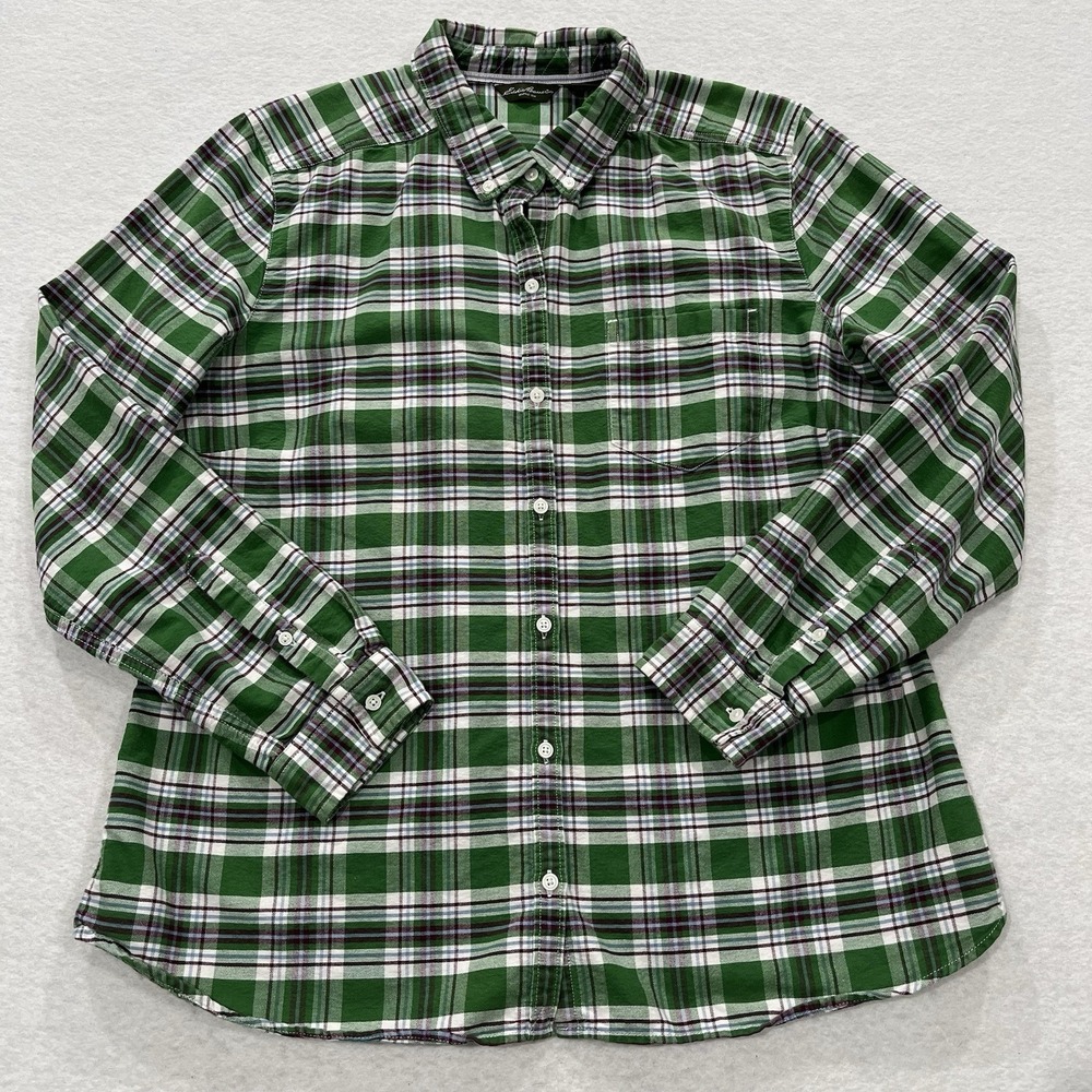 Eddie Bauer Flannel Shirt Women's XL Green Plaid Button Up 100% Cotton Tapered
